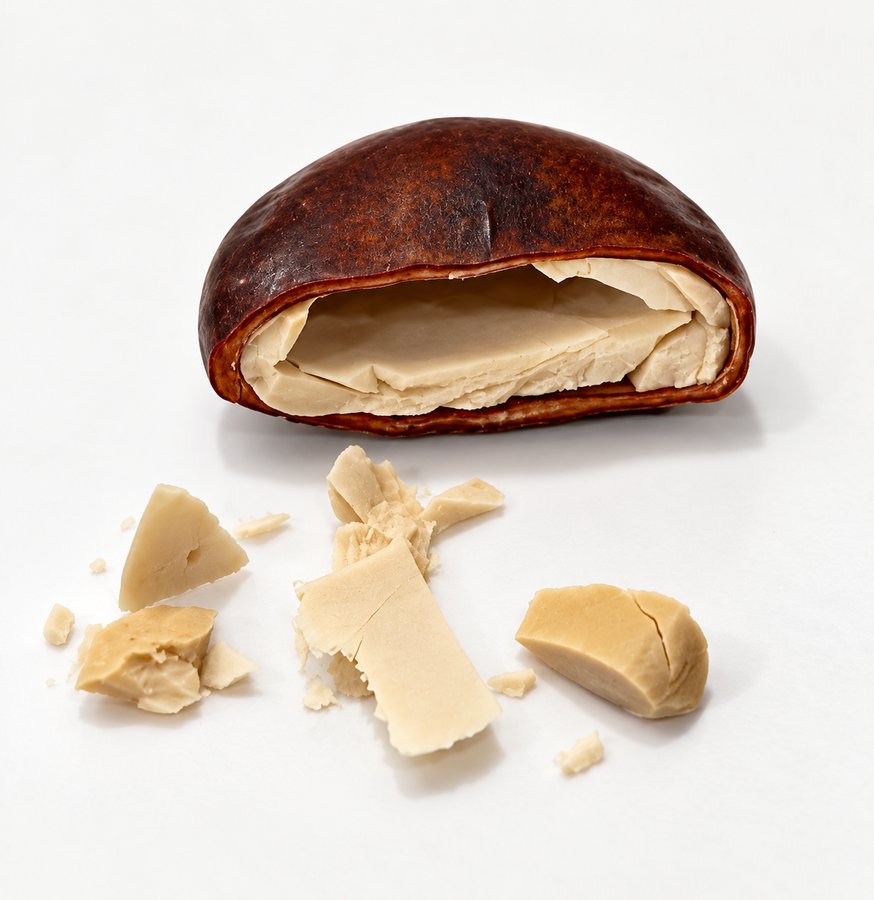 A cracked-open Entada rheedii seed showing the pale kernel inside, with broken pieces beside it