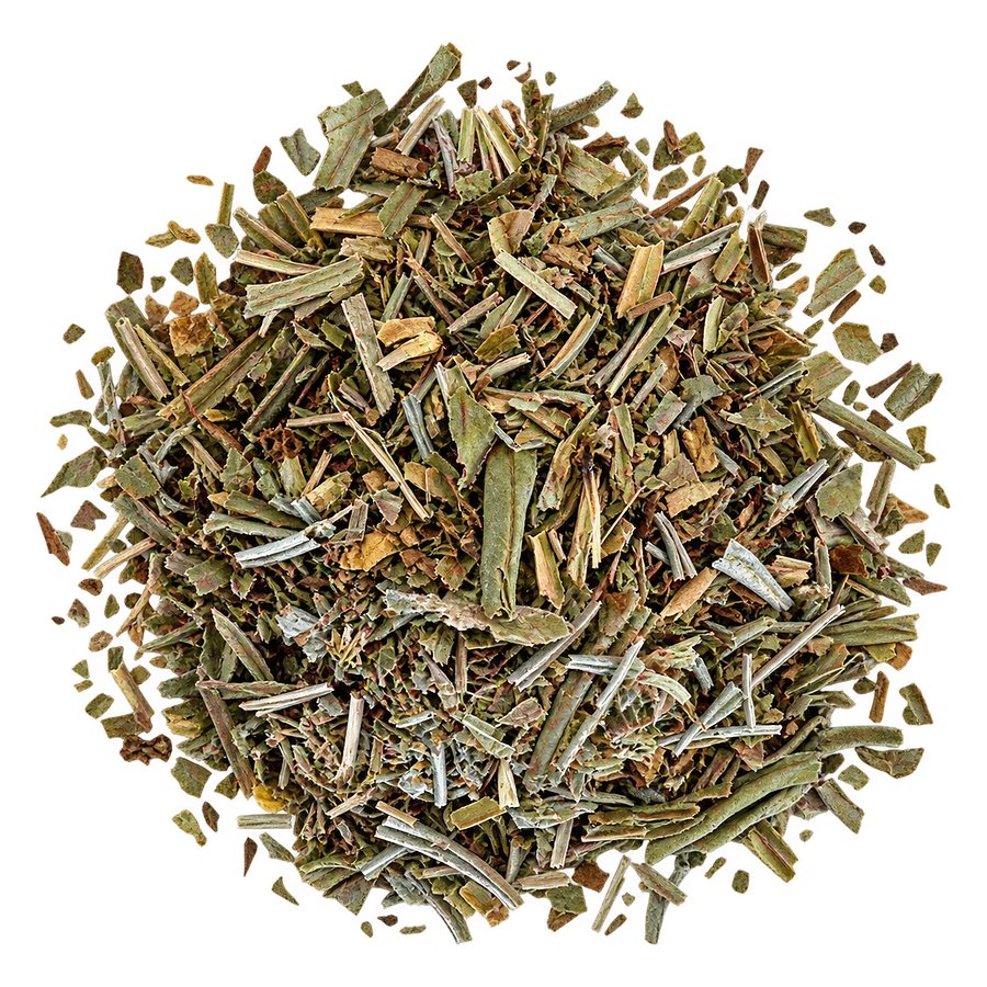Actual image of substance used: cut and dried Heimia salicifolia leaves and stems piled on a white background